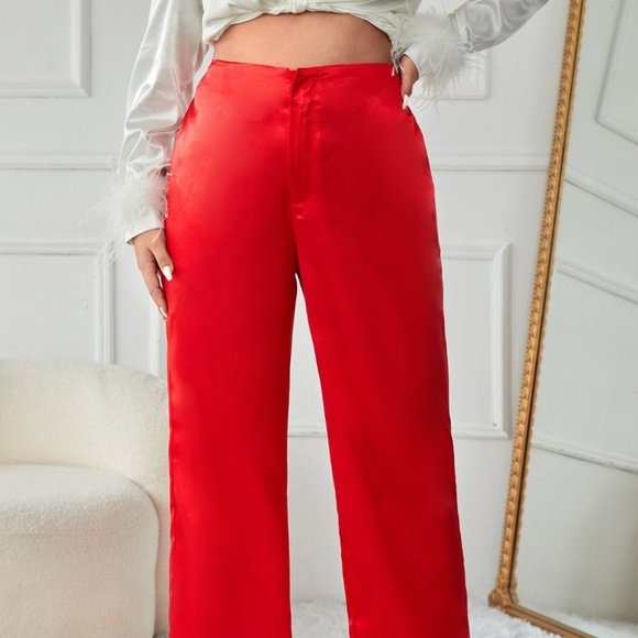 RED High Waist Satin Pants - Picture 8 of 12